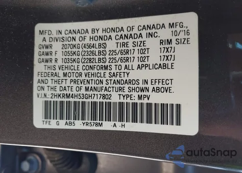 2016 Honda Cr-V Ex from USA, damaged, VIN 2HKRM4H53GH717802